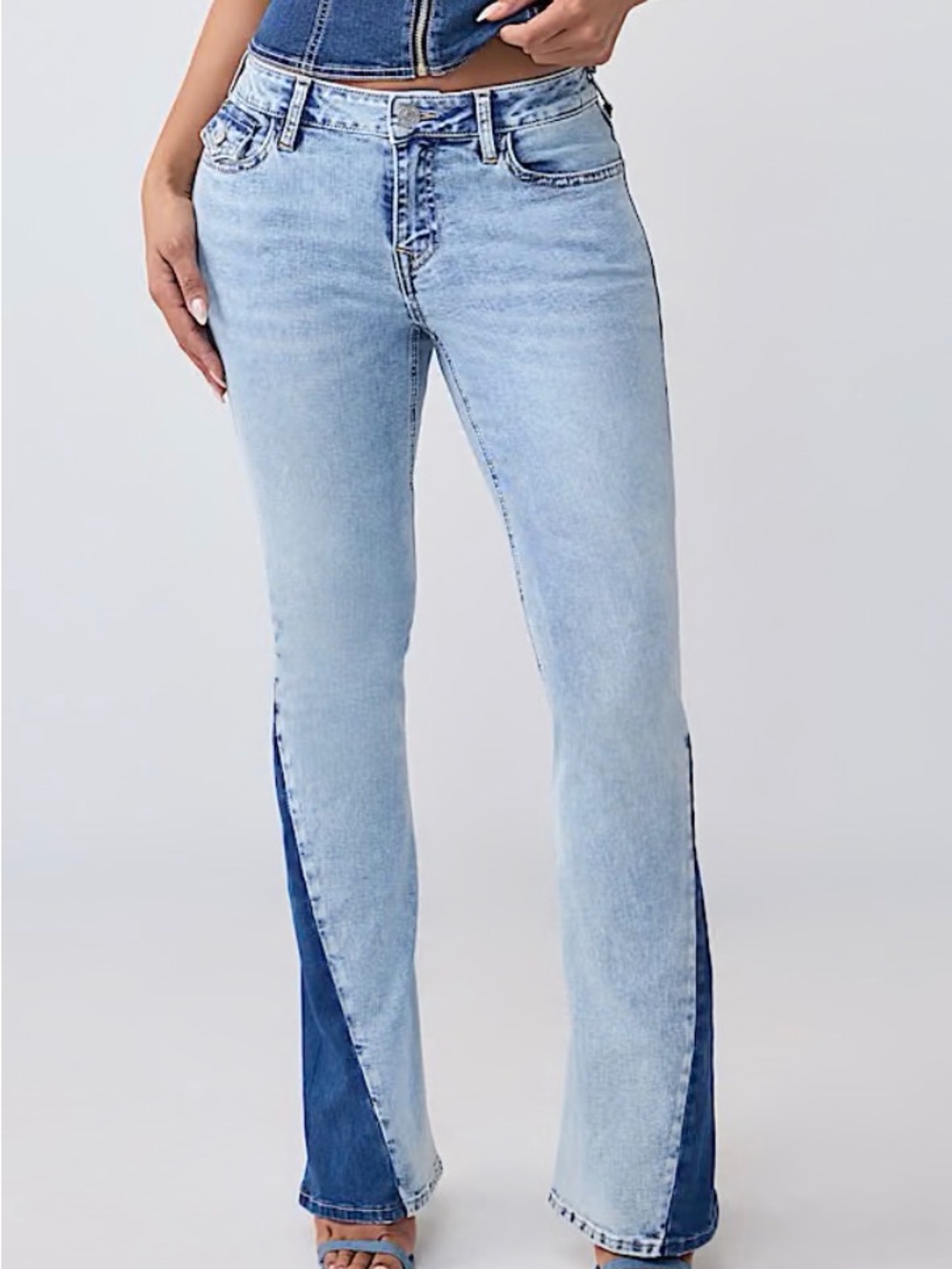 True Religion Two-Tone Light and Dark Blue Flared Jeans